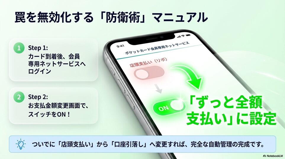 【重要】要注意!ファミマカードの支払い方法と「リボ払い」回避の初期設定「「ずっと全額支払い(一括払い)」への変更方法」