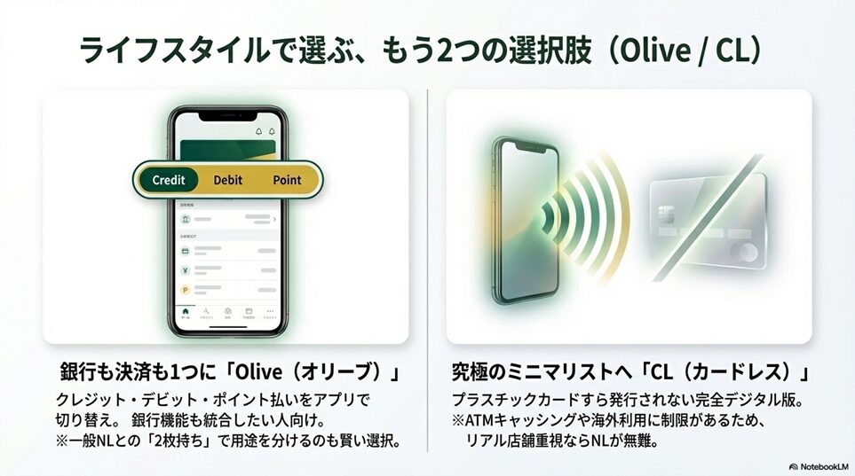 4. ゴールド（NL）やOlive、CL（カードレス）と三井住友カード（NL）の違いを徹底比較「Olive（オリーブ）フレキシブルペイとの違い・2枚持ちのメリット」