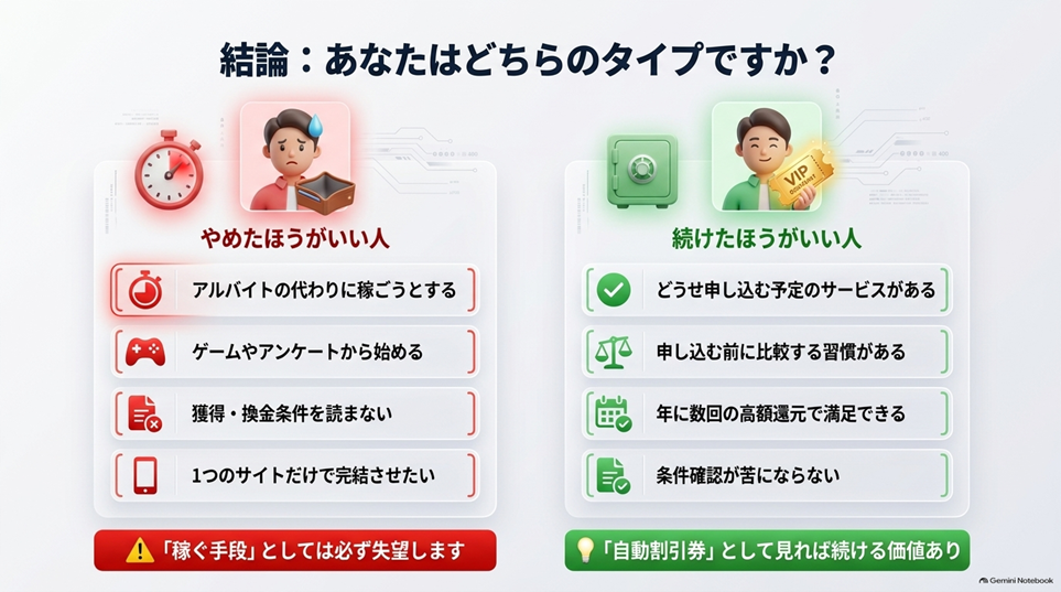 結論:やめたほうがいい人・続けたほうがいい人
