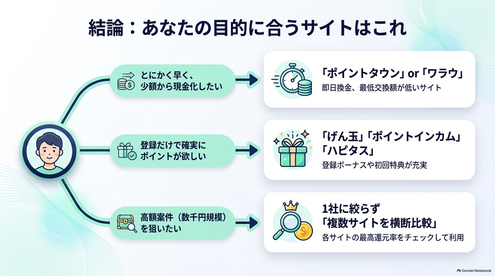 結論:目的別のおすすめポイントサイト