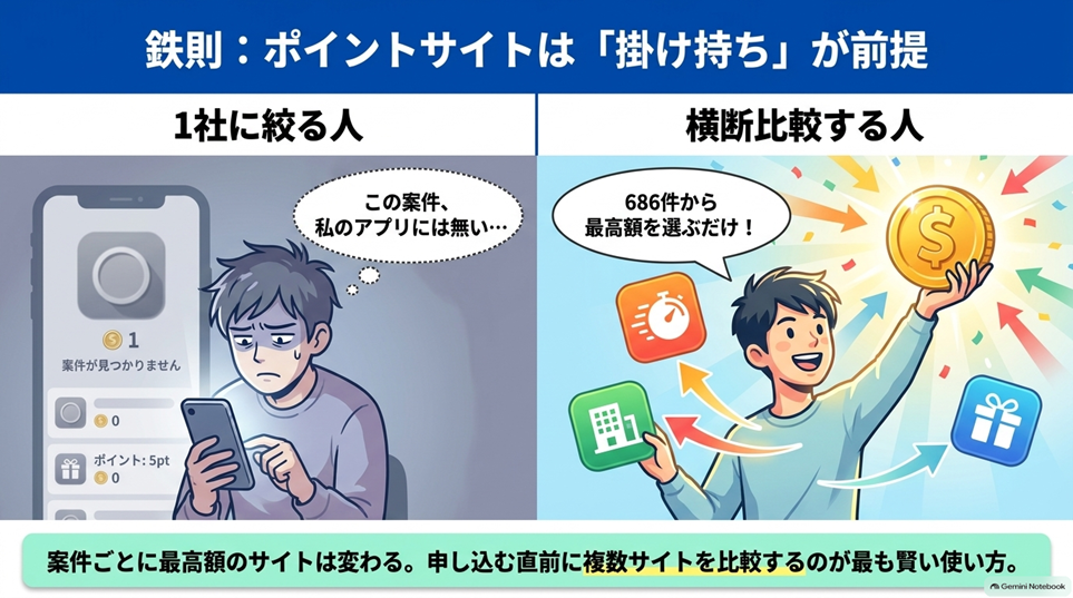 ポイントサイトは掛け持ちが前提 — 案件ごとに最高額は変わる